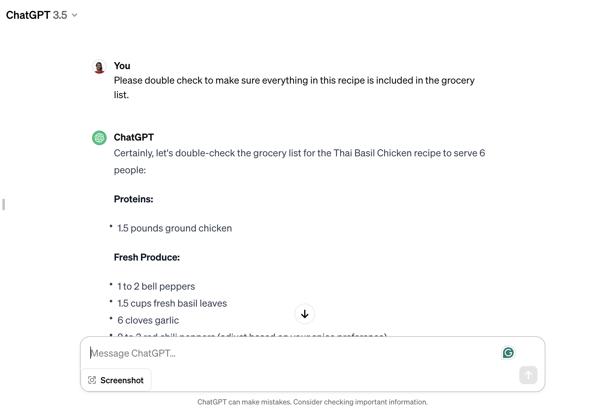 Ask AI to double check the ingredients in your recipe for your grocery list