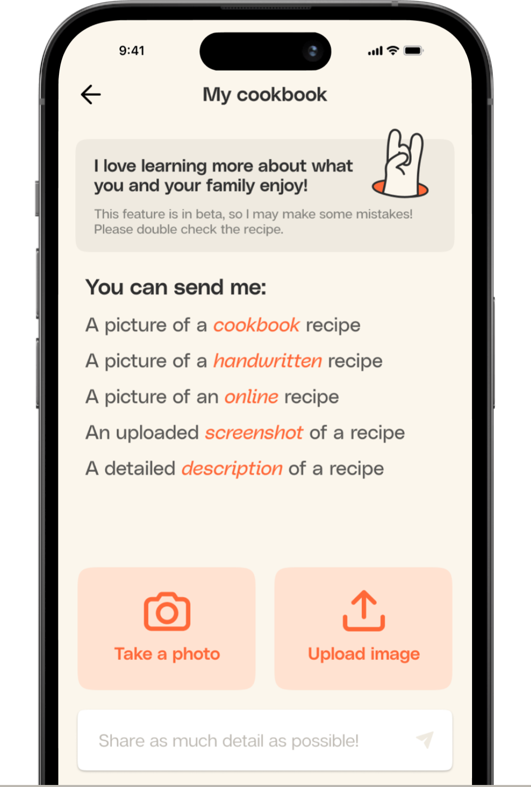Upload your favorite recipe and save it to Ollie!
