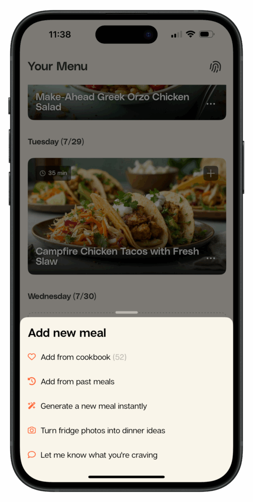 Add a new meal from a saved recipe or your past meals