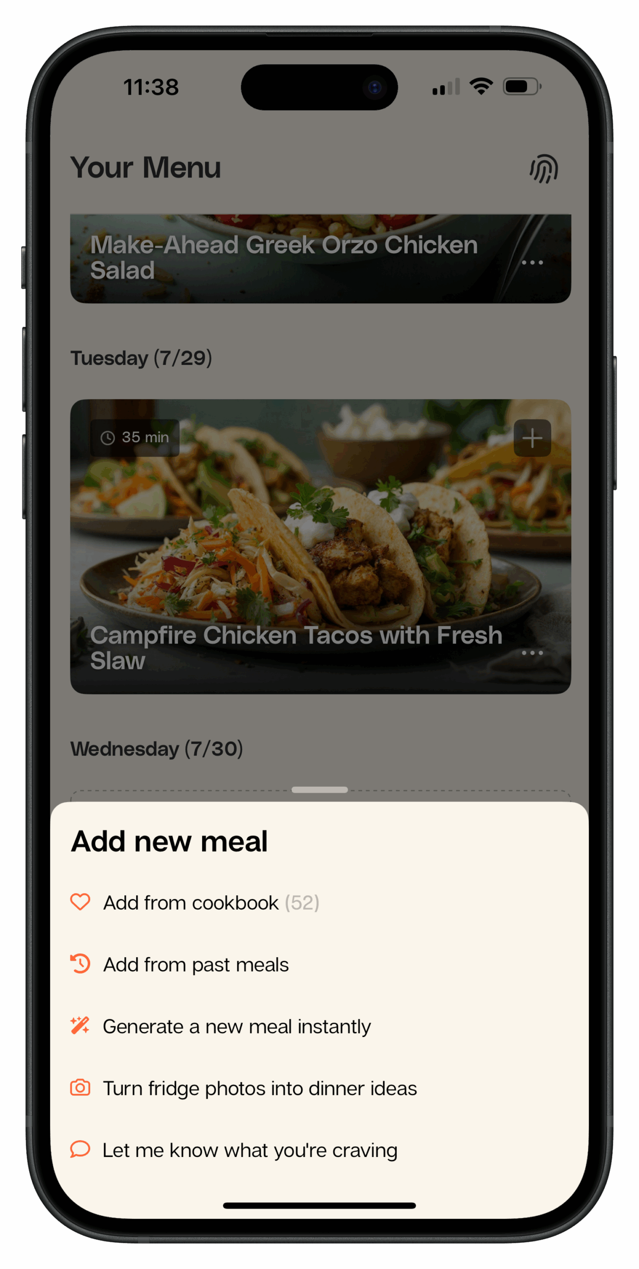 Add a new meal from a saved recipe or your past meals
