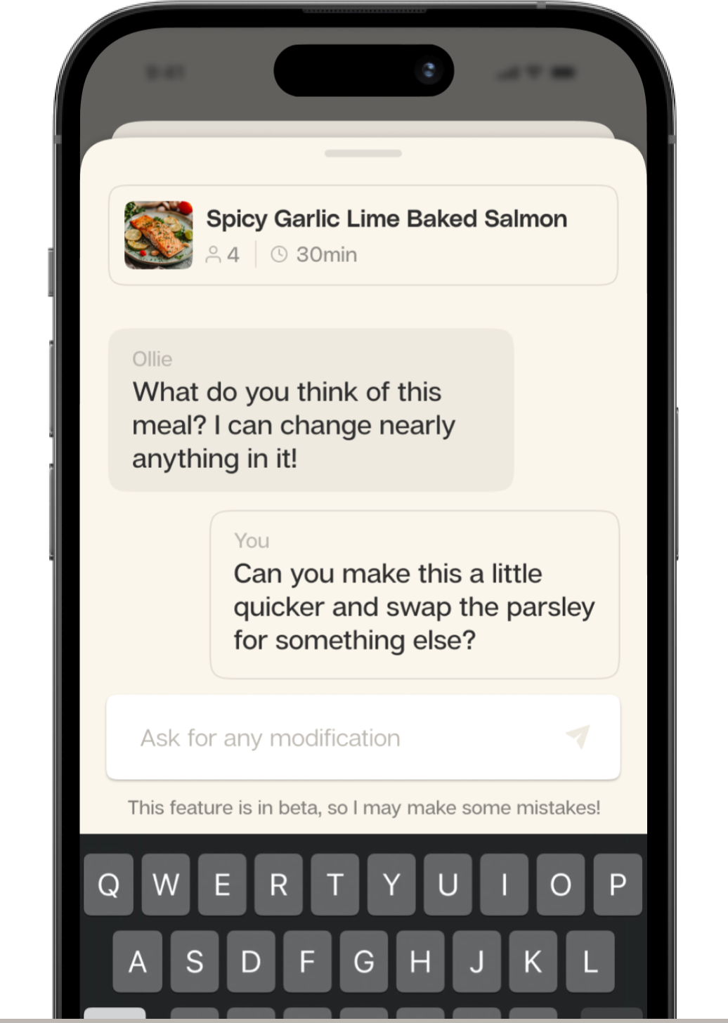 Chat with Ollie to personalize your meals